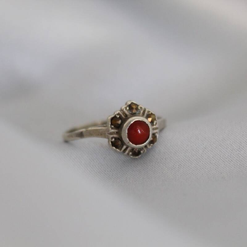 Vintage silver ring, blood coral and pyrite