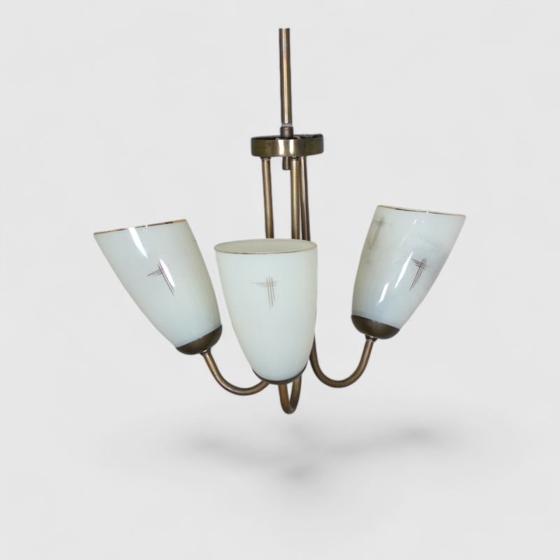 Vintage hanglamp, 3-armig - messing, glas jaren '50 | 01356
