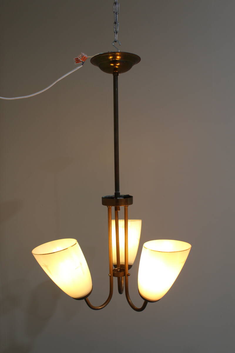 Vintage hanglamp, 3-armig - messing, glas jaren '50 | 01356