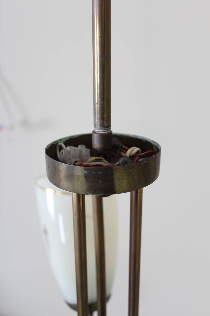 Vintage hanglamp, 3-armig - messing, glas jaren '50 | 01356