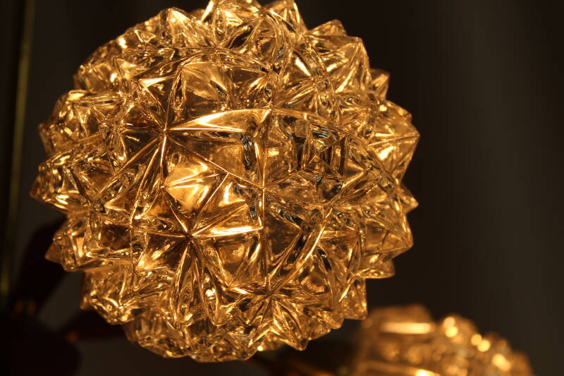 Vintage pendant lamp, 5-arms - brass, crystal, teak wood, 1960s | 00794