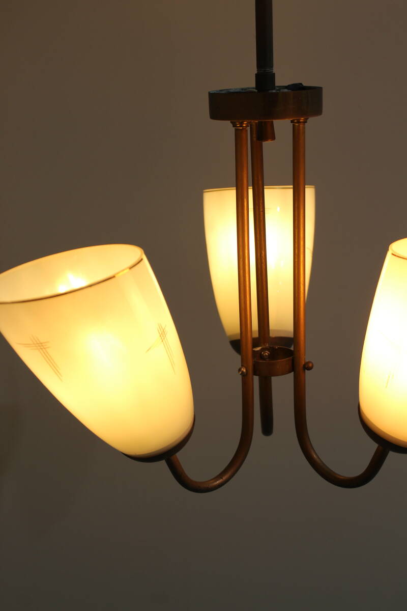 Vintage hanglamp, 3-armig - messing, glas jaren '50 | 01356