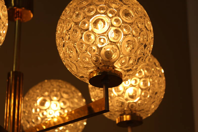 Vintage pendant lamp, 6-arms - brass, pressed glass, 1960s | 00801