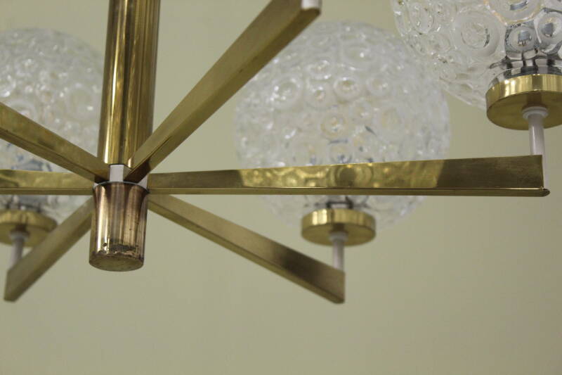 Vintage pendant lamp, 6-arms - brass, pressed glass, 1960s | 00801