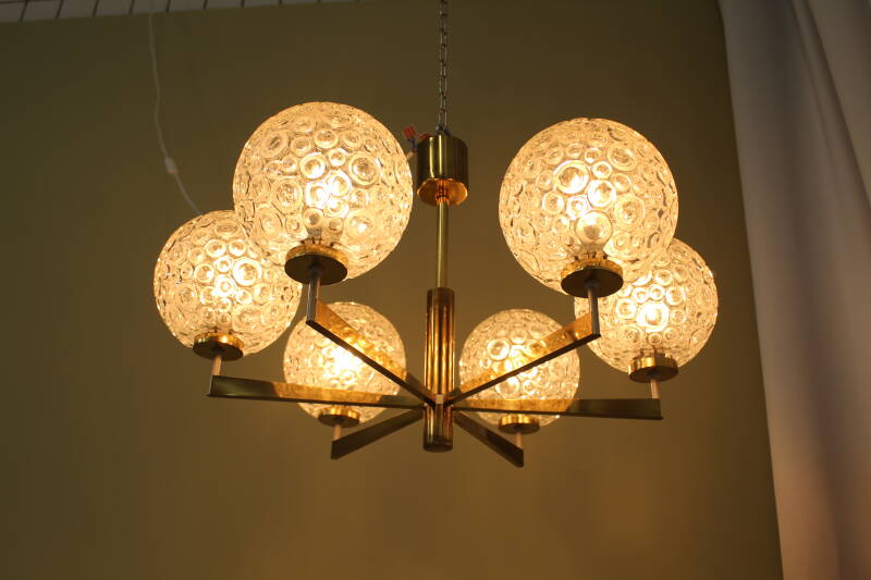 Vintage pendant lamp, 6-arms - brass, pressed glass, 1960s | 00801