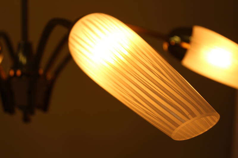 Vintage hanglamp, 6-armig - messing, glas jaren '60/'70 | 00797