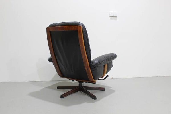 Vintage Design-Sessel mit Fußhocker schwarzes Leder Musterring, Göte Möbel – 1960er | 01166