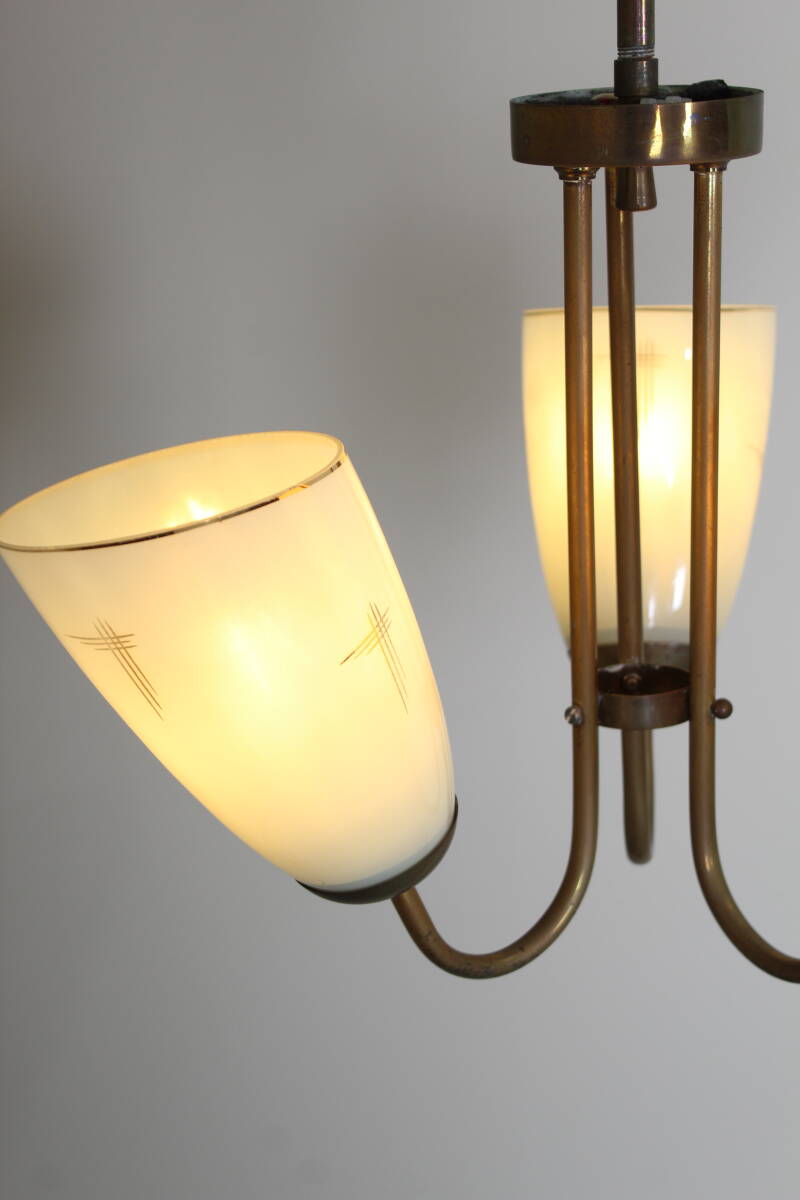 Vintage hanglamp, 3-armig - messing, glas jaren '50 | 01356