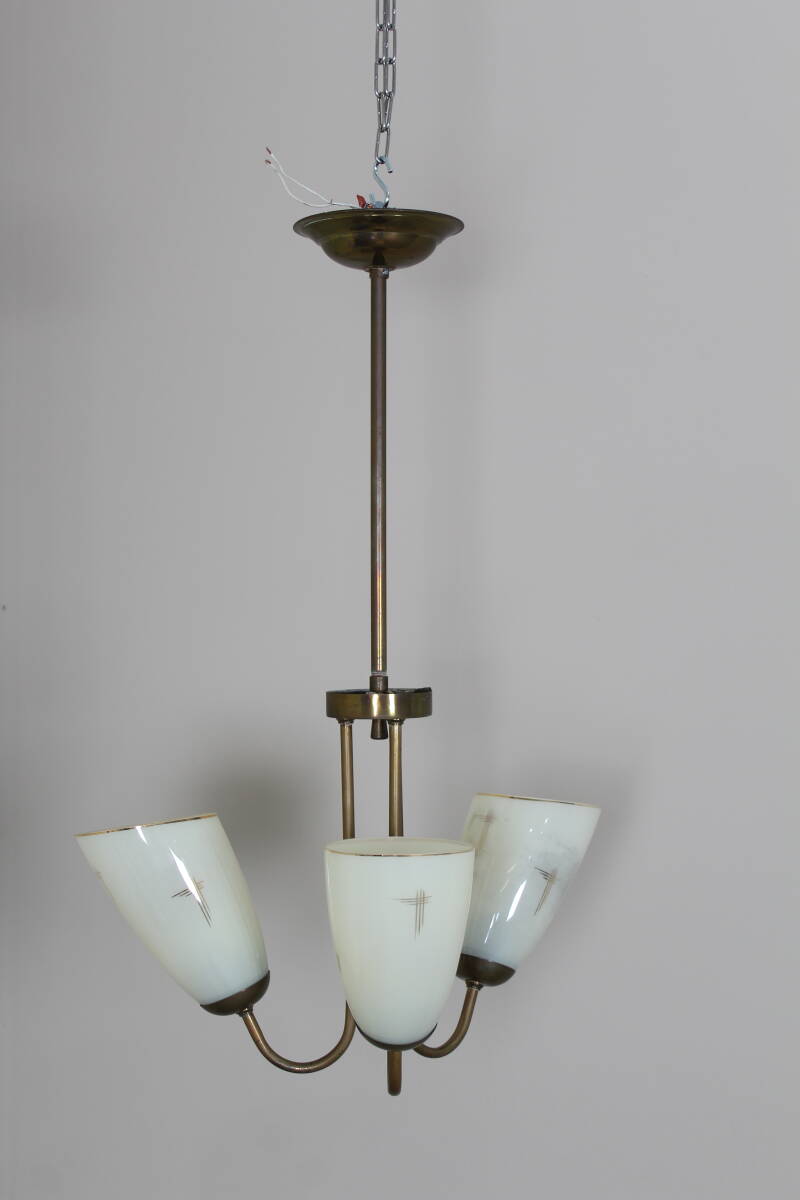 Vintage hanglamp, 3-armig - messing, glas jaren '50 | 01356