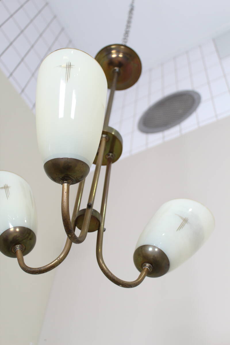 Vintage hanglamp, 3-armig - messing, glas jaren '50 | 01356