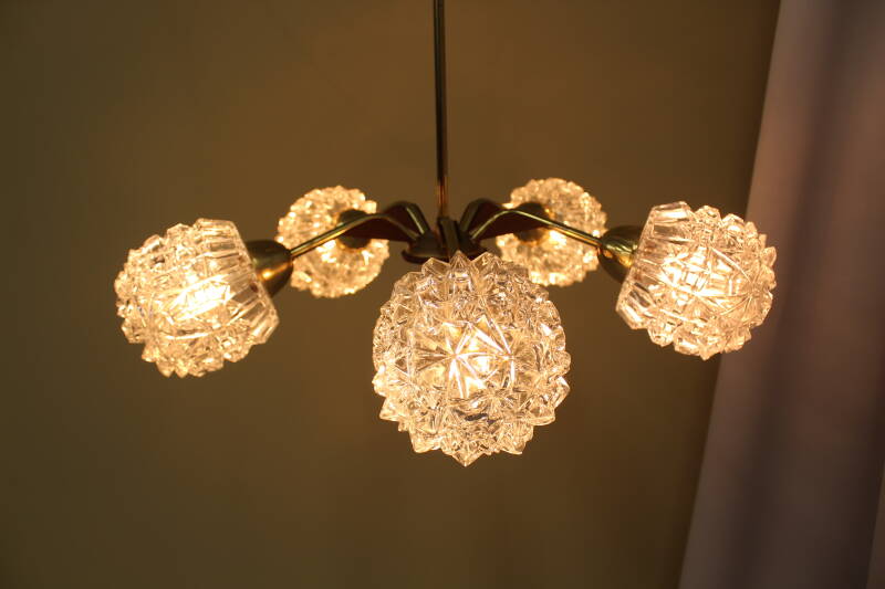 Vintage pendant lamp, 5-arms - brass, crystal, teak wood, 1960s | 00794