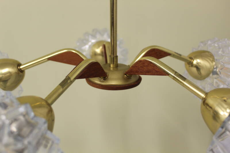 Vintage pendant lamp, 5-arms - brass, crystal, teak wood, 1960s | 00794