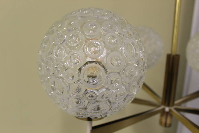Vintage pendant lamp, 6-arms - brass, pressed glass, 1960s | 00801