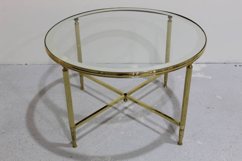 Vintage ronde salontafel, bijzettafel - glas, messing jaren '70 | 00981