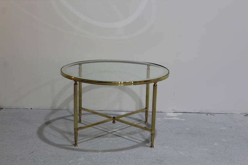 Vintage ronde salontafel, bijzettafel - glas, messing jaren '70 | 00981