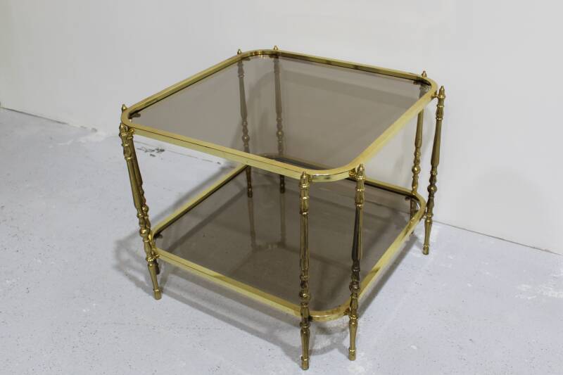 Vintage salontafel, bijzettafel - rookglas, messing jaren '70 | 00887