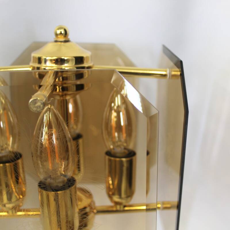 Vintage table lamp, smoked glass & brass