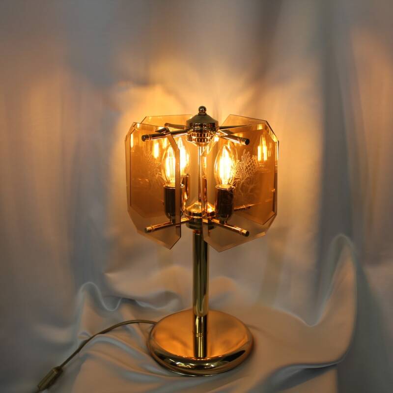 Vintage table lamp, smoked glass & brass