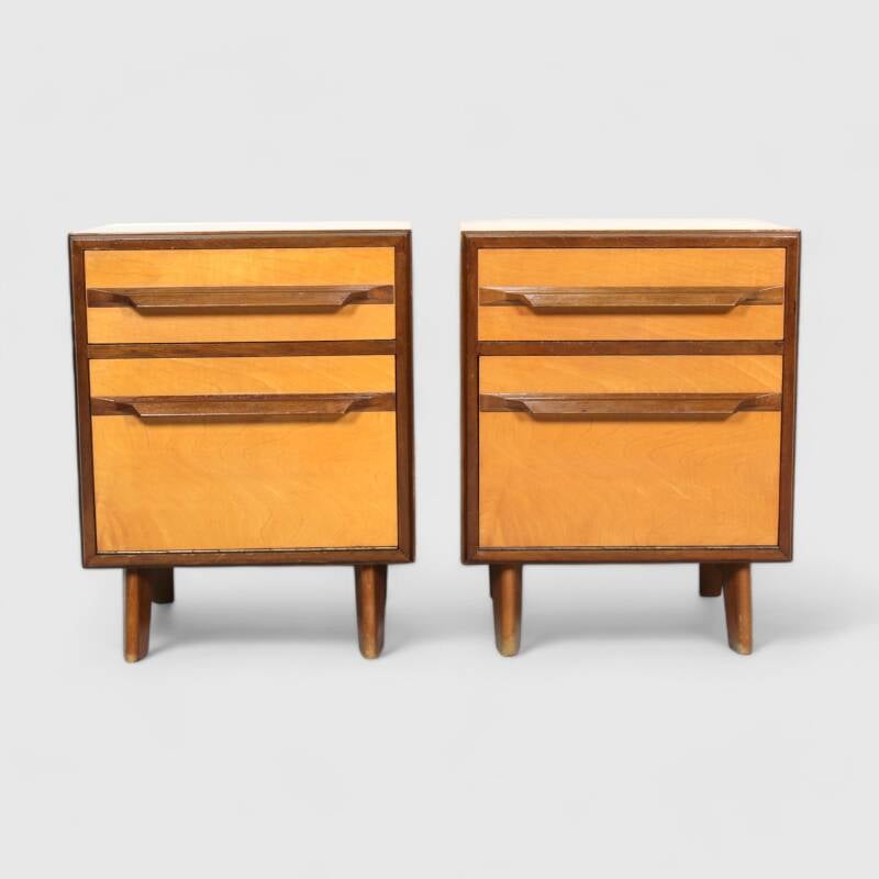 Vintage set of bedside tables, chests of drawers - 1950s, light wood | 01460