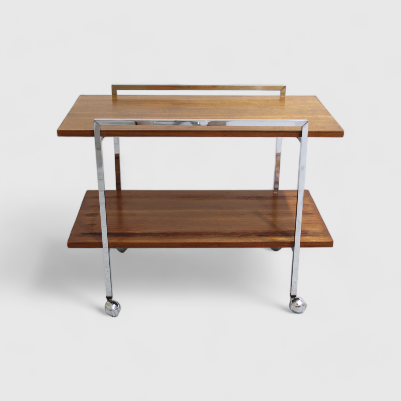 Vintage serveerwagen, barcart - jaren '60, chroom hout | 01093