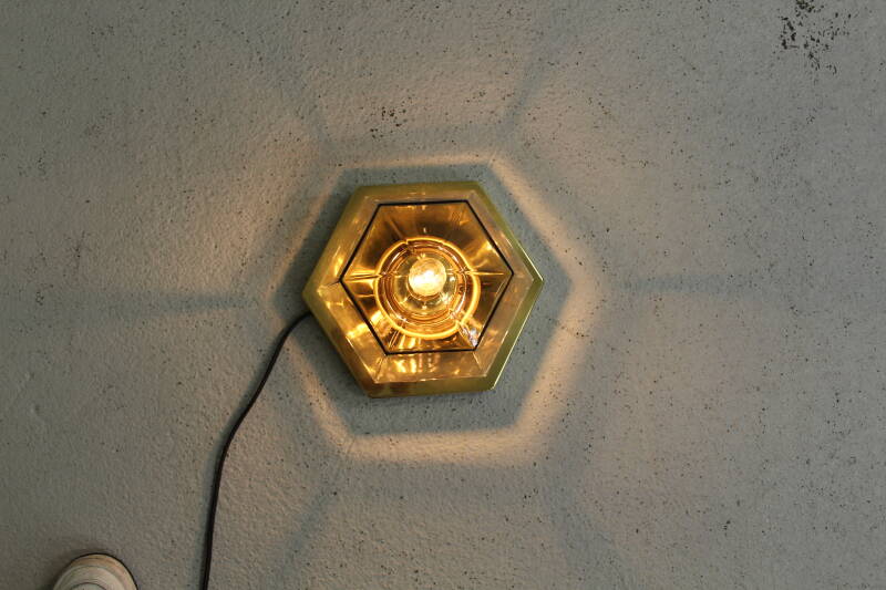 Vintage wandlamp, plafondlamp - messing, rookglas