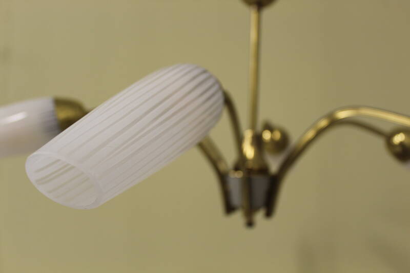 Vintage hanglamp, 6-armig - messing, glas jaren '60/'70 | 00797
