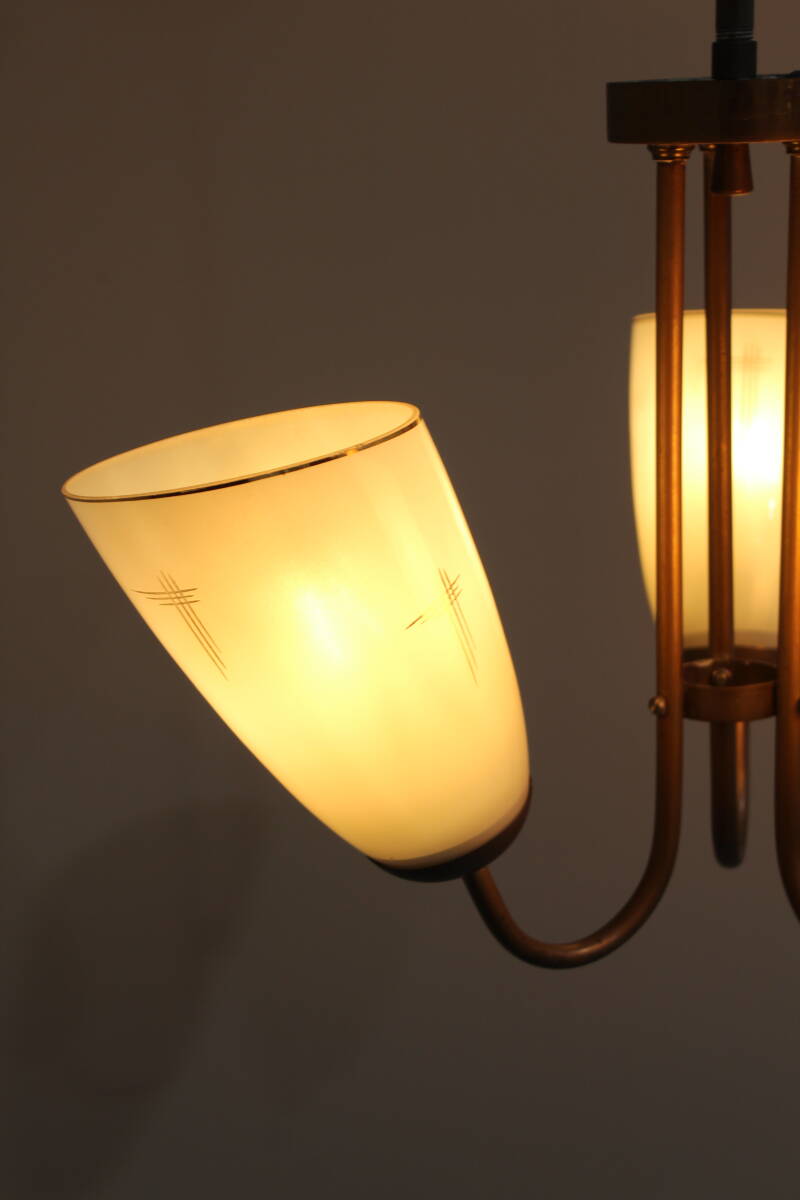 Vintage hanglamp, 3-armig - messing, glas jaren '50 | 01356