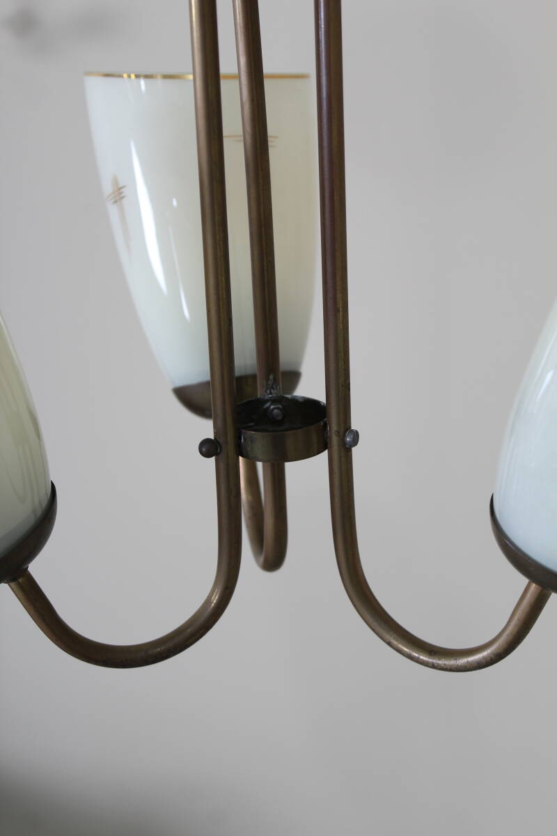 Vintage hanglamp, 3-armig - messing, glas jaren '50 | 01356