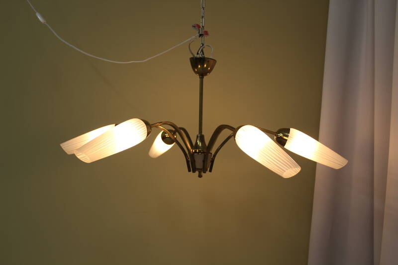 Vintage hanglamp, 6-armig - messing, glas jaren '60/'70 | 00797