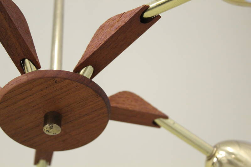 Vintage pendant lamp, 5-arms - brass, crystal, teak wood, 1960s | 00794