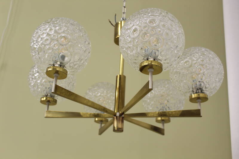 Vintage pendant lamp, 6-arms - brass, pressed glass, 1960s | 00801