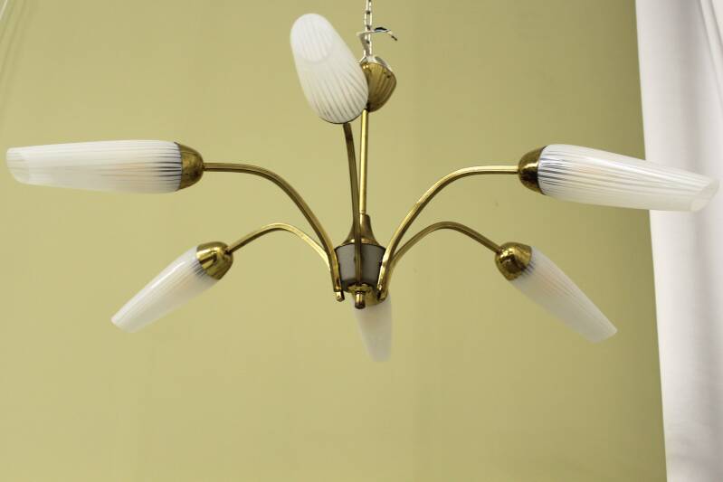 Vintage hanglamp, 6-armig - messing, glas jaren '60/'70 | 00797