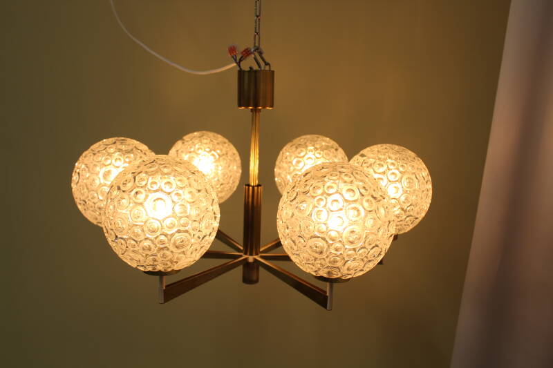 Vintage pendant lamp, 6-arms - brass, pressed glass, 1960s | 00801