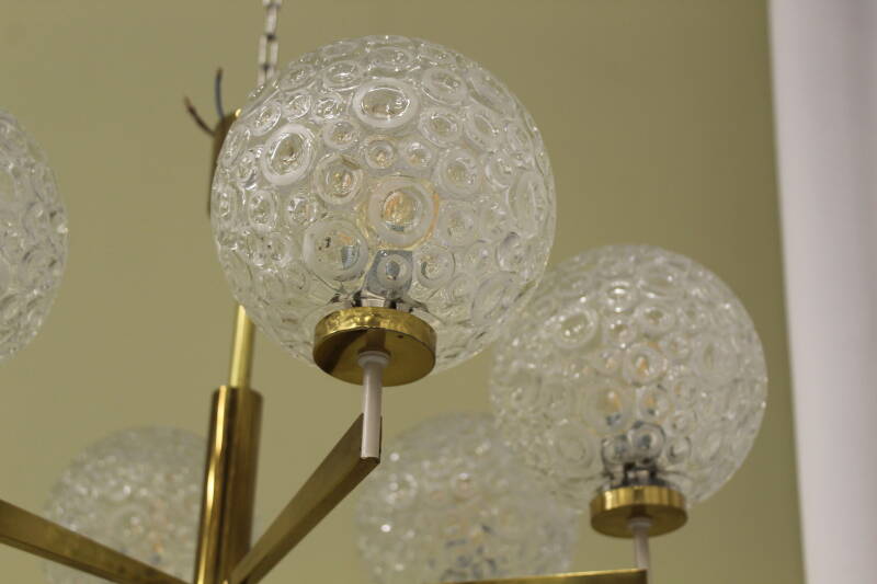 Vintage pendant lamp, 6-arms - brass, pressed glass, 1960s | 00801