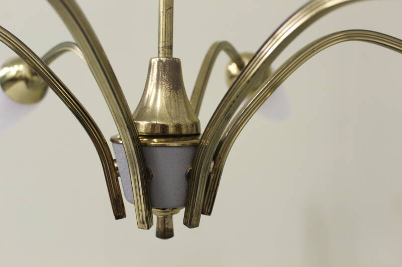Vintage hanglamp, 6-armig - messing, glas jaren '60/'70 | 00797