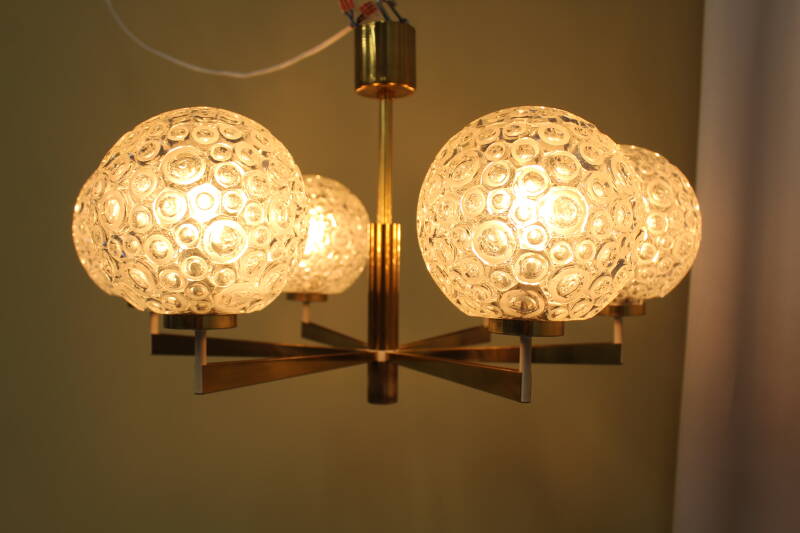 Vintage pendant lamp, 6-arms - brass, pressed glass, 1960s | 00801