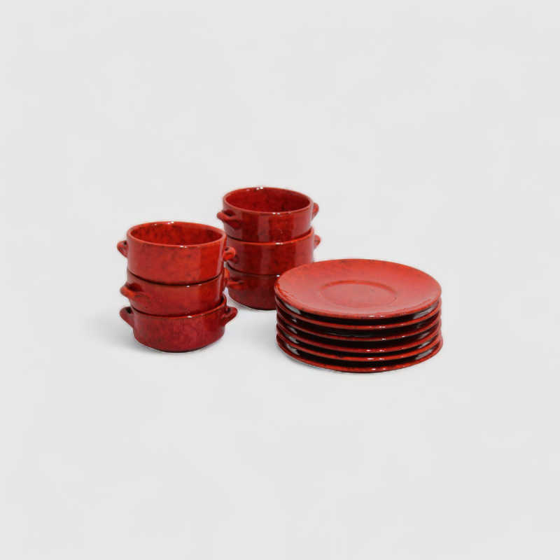 Vintage soepkommen en bordjes, servies - rood | 00922