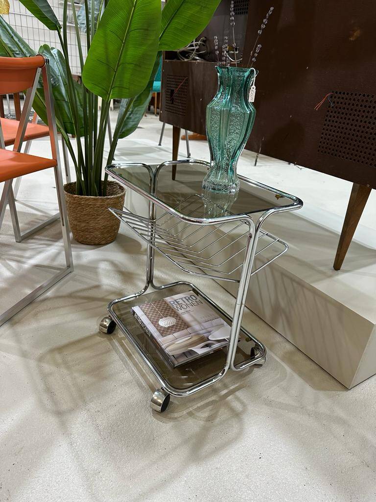 Vintage bijzettafel, trolley, lectuurmand - Jaren '80, rookglas | 01187
