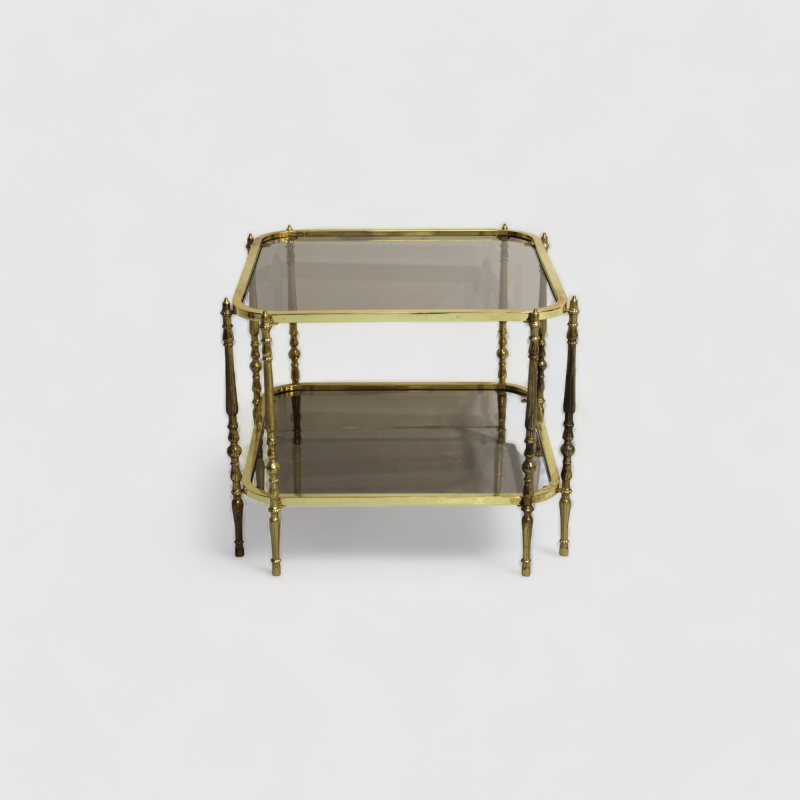 Vintage salontafel, bijzettafel - rookglas, messing jaren '70 | 00887