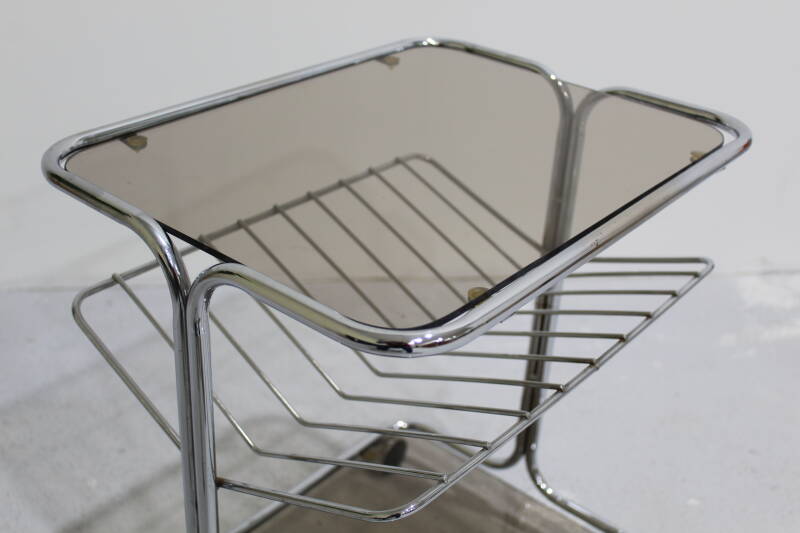 Vintage bijzettafel, trolley, lectuurmand - Jaren '60, rookglas | 00996