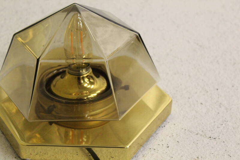 Vintage wandlamp, plafondlamp - messing, rookglas