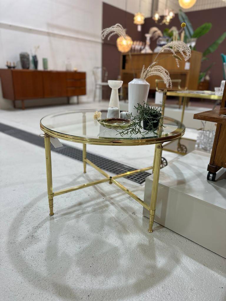 Vintage ronde salontafel, bijzettafel - glas, messing jaren '70 | 00981