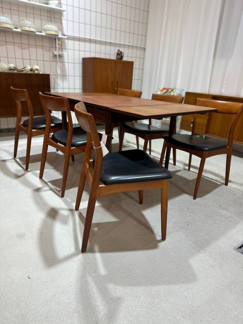 6x Vintage-Esszimmerstühle im dänischen Design – Teakholz, schwarzes Leder, Viborg Stolefabrik | 01508