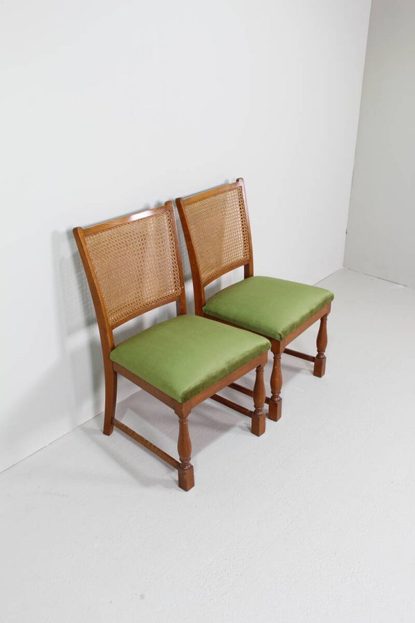 Vintage eetkamerstoelen - Lübke, groen, riet jaren '40/'50 | 01333