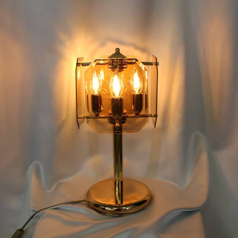Vintage table lamp, smoked glass & brass