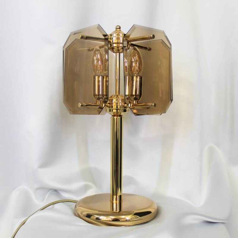 Vintage table lamp, smoked glass & brass
