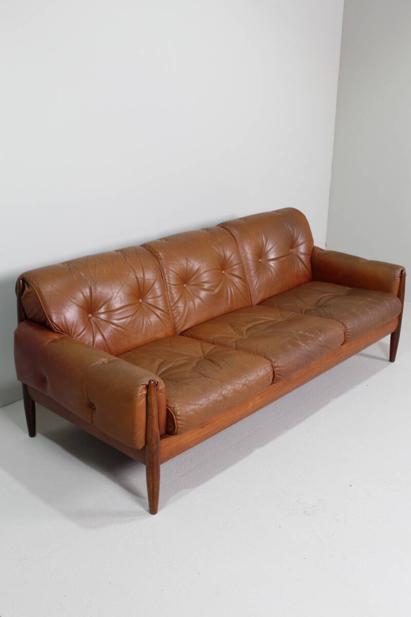 Vintage leather 3-seater sofa - 1960s, brown | 01431