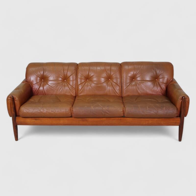 Vintage leather 3-seater sofa - 1960s, brown | 01431