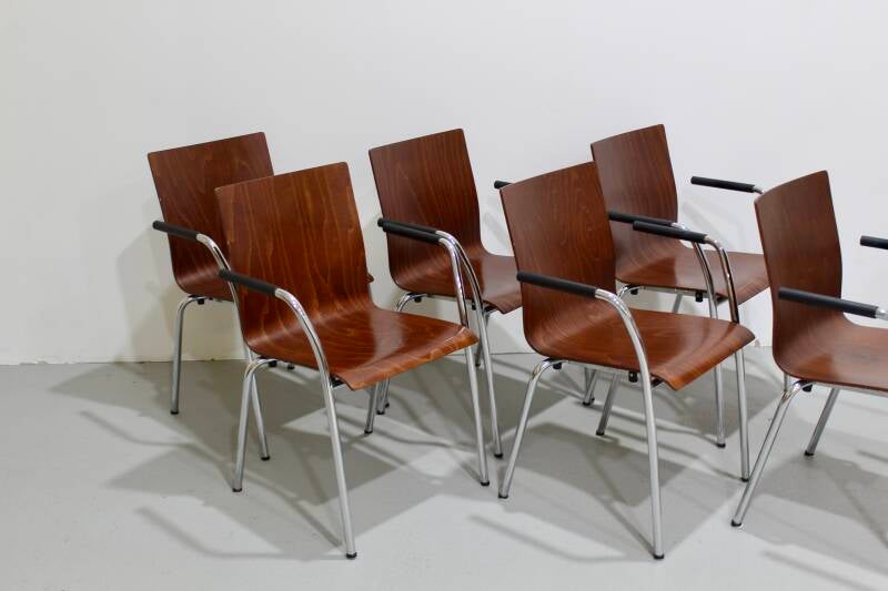 6x Vintage Esszimmerstühle - stapelbar, Chrom, Holz