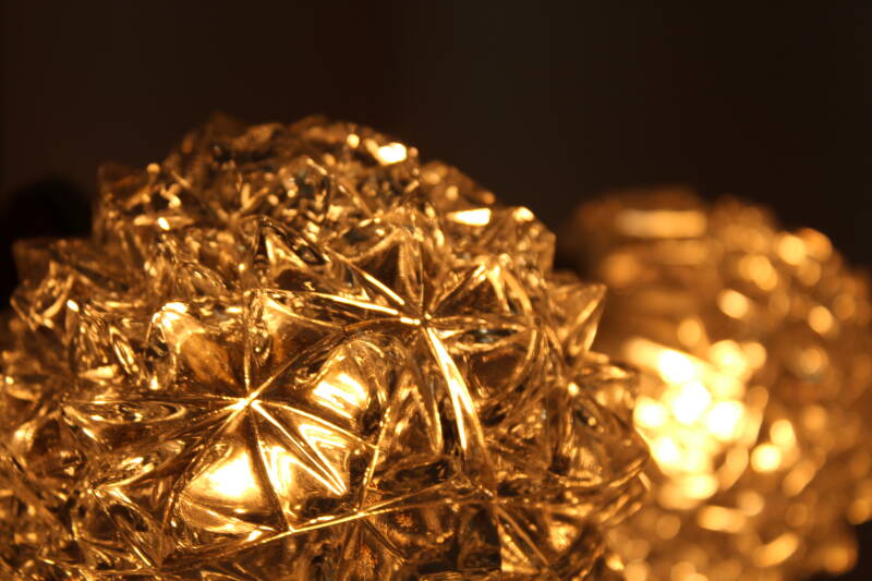 Vintage pendant lamp, 5-arms - brass, crystal, teak wood, 1960s | 00794